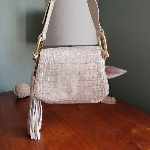 Vince Camuto Tal Croc Embossed Leather  Saddle Bag in Cream - Picture 16 of 16